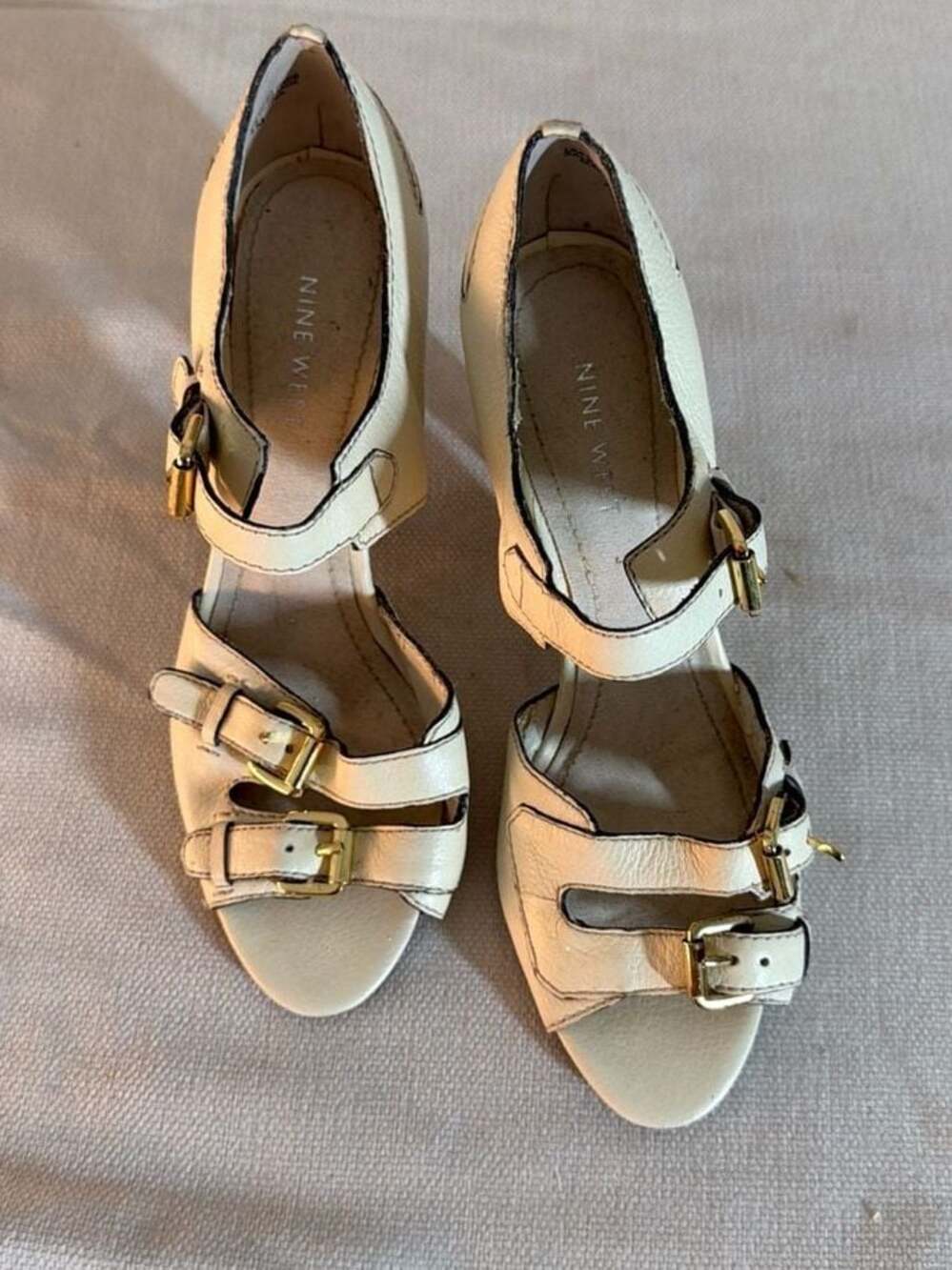Nine West Cream Leather Multi-Buckle Strap Heeled Sandals Size 7.5M